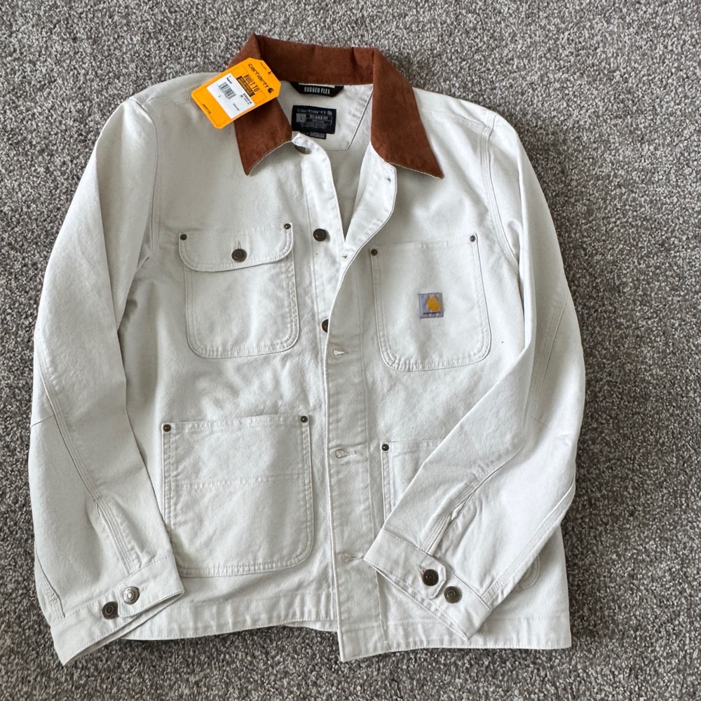 Carhartt Men's White Jacket with Brown Collar